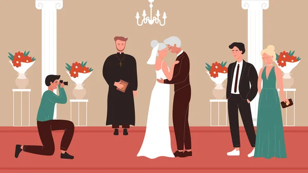 Senior άνθρωποι γαμήλια τελετή στην παλιά εκκλησία παρεκκλήσι εσωτερικό — Διανυσματικό Αρχείο