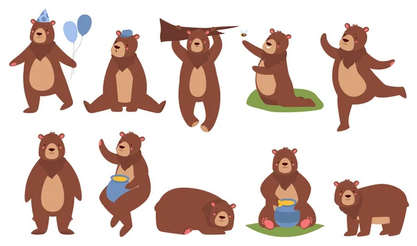 Cute brown bear set, cartoon funny fluffy teddy bears — Stock Vector
