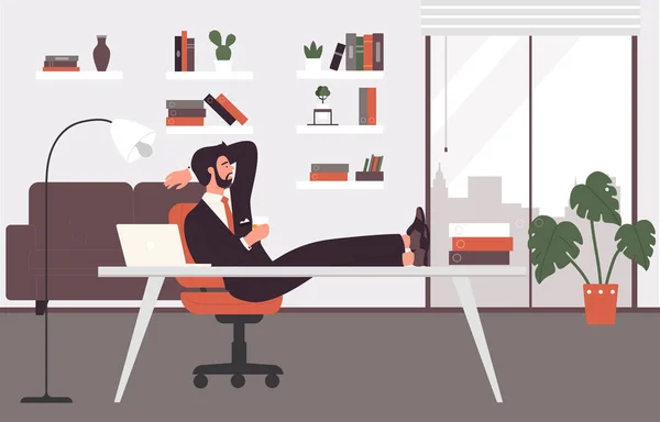 Affärsman vilar, dricker te på rasten i kontorsarbete, sitter på arbetsplatsen — Stock vektor