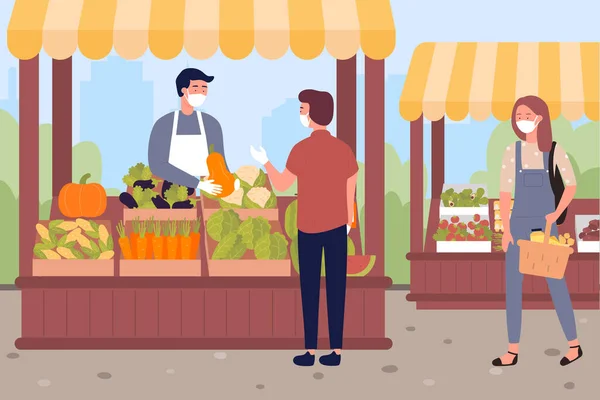 Les gens masqués achètent des légumes et des fruits au marché agricole — Image vectorielle