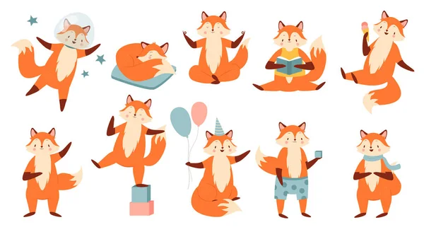 Cartoon funny fox set, fox reading, sleeping, celebrating — Stock Vector