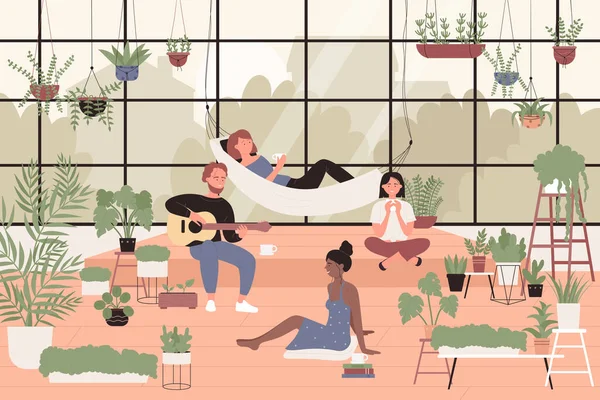 Les gens dans le jardin de serre passent du temps ensemble — Image vectorielle