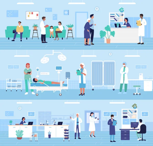 Hôpital clinique départements de bureau intérieur et médecins ensemble — Image vectorielle