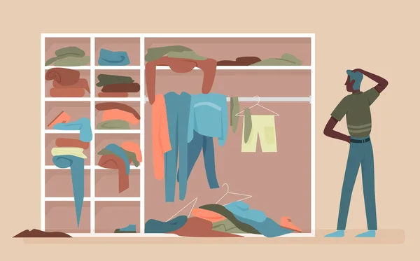 Homme choisissant des vêtements dans les vêtements de dessin animé garde-robe à la maison — Image vectorielle