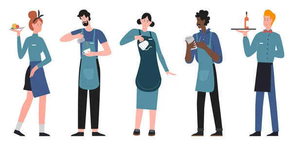 Persone cameriere e cameriera in piedi, squadra del personale del ristorante cartone animato, set di servizi di catering — Vettoriale Stock