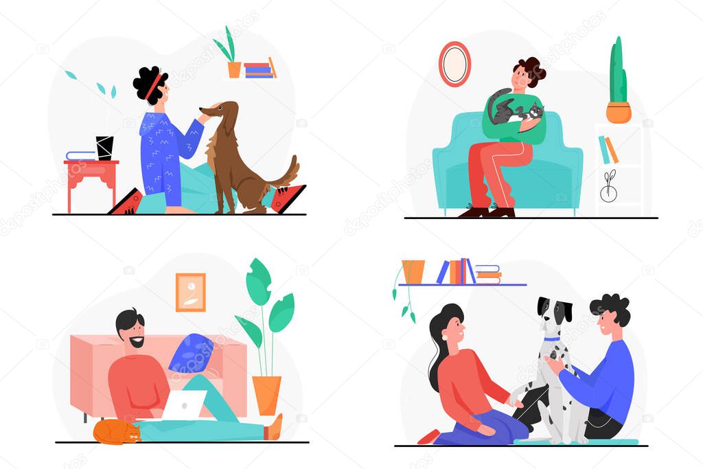People owner love and care own pets set, characters hugging dog or cat domestic animal