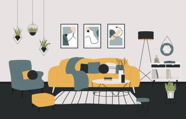 İskandinav minimalist ev yapımı rahat oturma odası iç mekanı