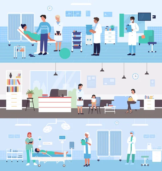 Ensemble de services hospitaliers en médecine de la santé, examen médical — Image vectorielle