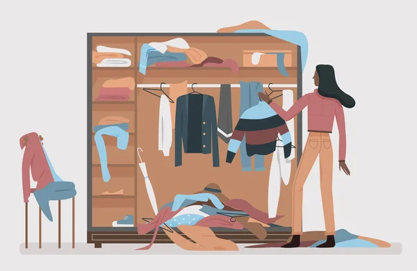 Snuskig garderob, dressing hem rum interiör med tecknad kvinna — Stock vektor