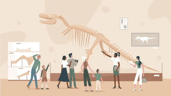 Paleontoloji müzesindeki insanlar tyrannosaurus iskeletinin yanında — Stok Vektör