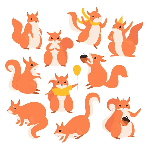 Squirrel set, cartoon cute funny furry squirrel characters — Stock Vector