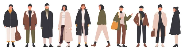 Les gens portent des vêtements d'hiver ensemble, manteau élégant ou costume à la mode — Image vectorielle