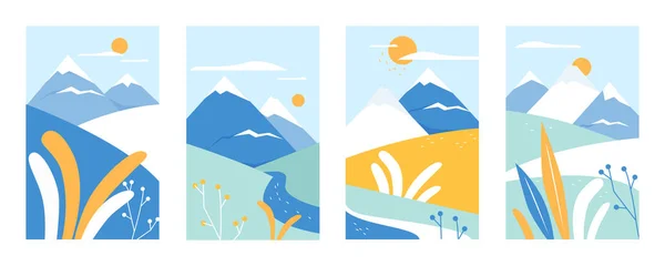 Mountain landscape, abstract nature set, cartoon geometric mountainous minimalist scenery — Stock Vector