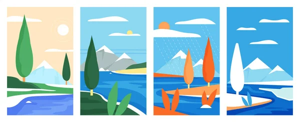 Montaña simple naturaleza paisaje conjunto, banderas verticales estacionales naturales minimalistas — Archivo Imágenes Vectoriales