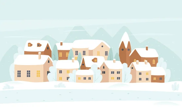 Winter village, snow Christmas town cutr cartoon landscape — Image vectorielle