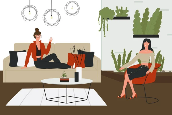 Friends girls conversation, cartoon young characters sitting on sofa of home living room — стоковый вектор