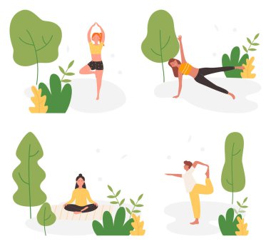 İnsanlar yaz kenti parkında karikatür etkin erkek yojist ile yoga yapıyor.