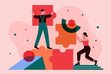 İnsanlar karikatür partnerleriyle iş süreci kavramı oluştururlar