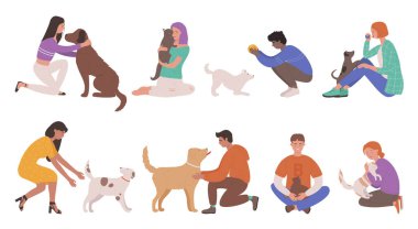Pet owners people hug, hold in hands and love dog or cat