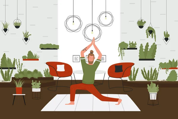 Yoga activity at home, cartoon man with beard doing yoga pranayama exercise, meditating — Wektor stockowy