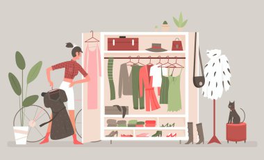 Home cabinet, wardrobe room for clothes with cartoon woman