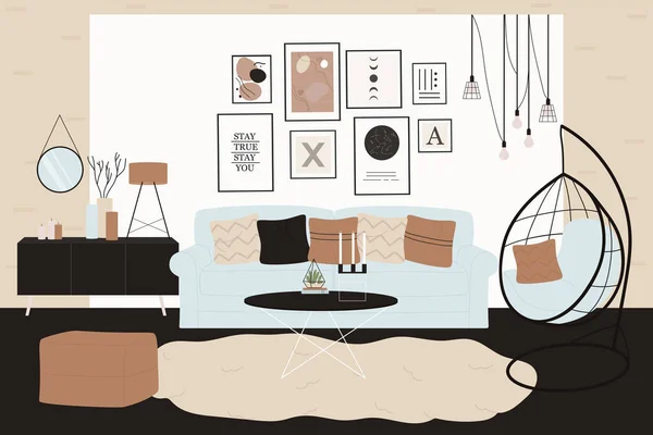Cameră scandinavă interior, mobilier confortabil pentru casă cu canapea — Vector de stoc
