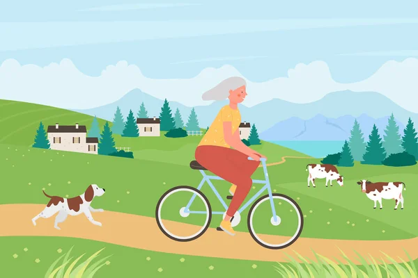 Здоровий активний спосіб життя, стара жінка їде на велосипеді по сільській дорозі — стоковий вектор