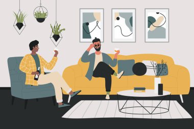 Friends conversation, cartoon happy man friends sitting on sofa in home living room