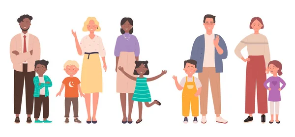 Famille avec enfants ensemble, bande dessinée heureux parents personnes debout avec des enfants ensemble — Image vectorielle