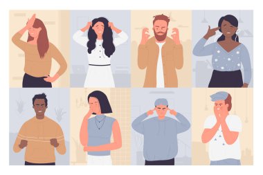 Sinirli insanlar set, karikatür üzgün karakterler kötü durumda, avuç içi ile yüzleşin