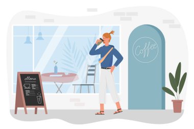 Paket kahve içen bir adam, çizgi film hipster 'ı kahve dükkanının yanında duruyor.