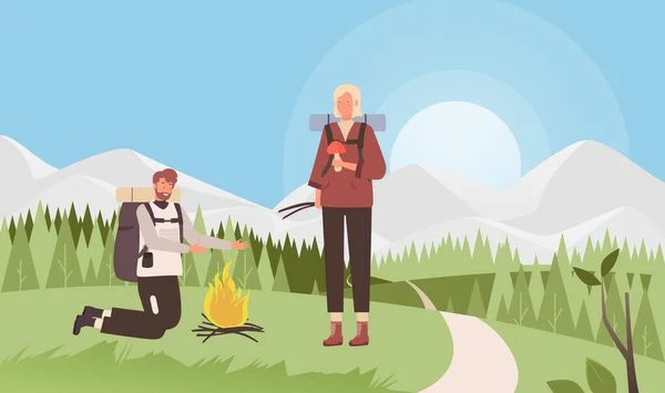 キャンプファイヤーの旅の冒険、漫画の観光キャラクター森の牧草地で光キャンプ火災 — ストックベクタ