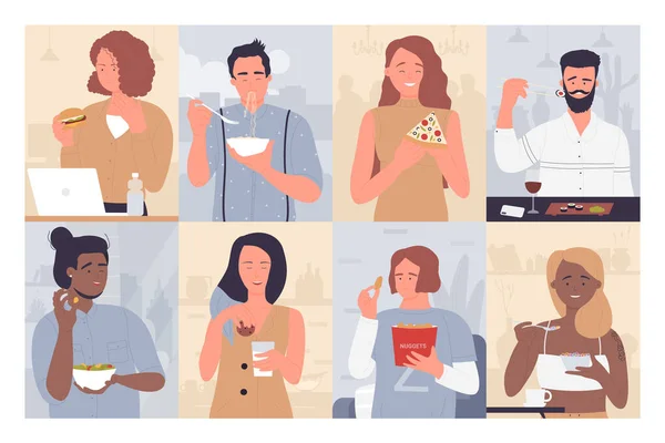 Mensen eten voedsel set, cartoon jonge gelukkige hongerige man of vrouw genieten van maaltijden en gerechten — Stockvector