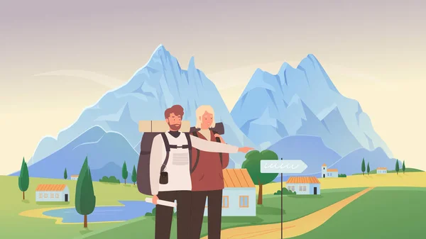 人々はハイキング、漫画の若い旅行者は山の村の風景を訪問 — ストックベクタ