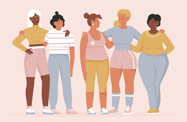 Femmes debout ensemble, bande dessinée amis heureux dans des vêtements décontractés souriant, filles câlins — Image vectorielle