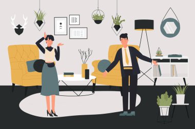 Birkaç kişi iletişim kuruyor, karikatür kadın üzgün adamla iletişim kuruyor.