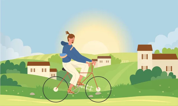 夏季自然景观中的人骑自行车，骑自行车 — 图库矢量图片