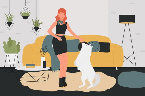 Menina brinca com cão de estimação em casa sala de estar interior, treinamento animal doméstico —  Vetores de Stock