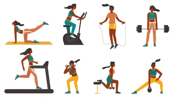 健身女孩在运动器材组的训练中，卡通女在做健康运动 — 图库矢量图片