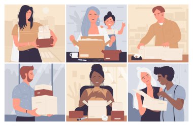 Mutlu insanlar karton kutuları açarlar, paketleri açarlar sürpriz hediyeleri açarlar.