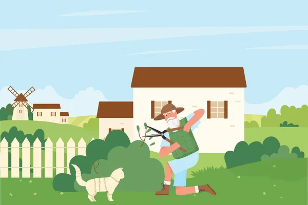 Jardinero cortando seto de arbusto verde, hombre de edad avanzada de dibujos animados recorte, trabajando en el jardín de verano — Vector de stock