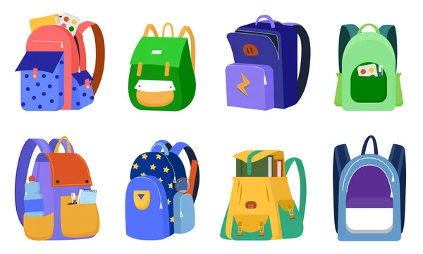 Conjunto de mochila infantil, lado dos desenhos animados ou vista frontal da coleção de mochila escolar de estudante infantil —  Vetores de Stock