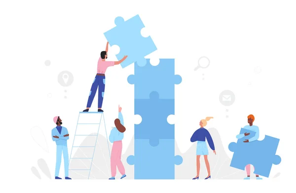 Menschen-Team baut Puzzle, Partnerschaftskonzept, Partnergruppe verbindet Puzzleteile — Stockvektor