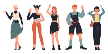 Selamlaşan insanlar poz veriyor, kadın, kız öğrenci ve erkek selam veriyor.