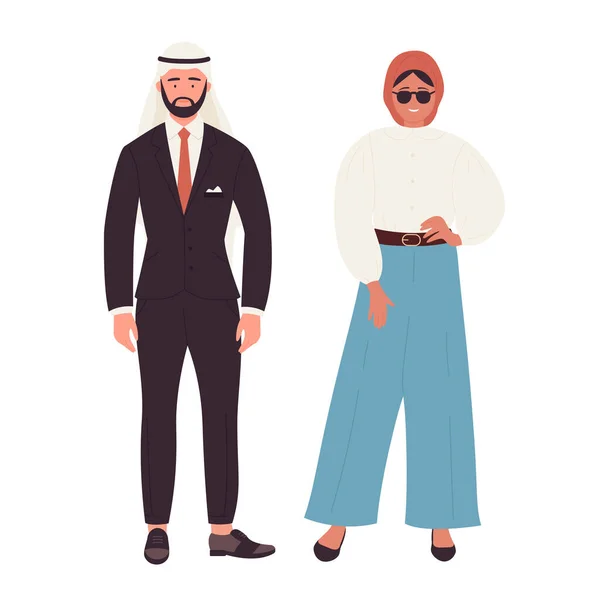 Couple musulman, jeune homme arabe et femme debout ensemble, vêtus de vêtements modernes — Image vectorielle