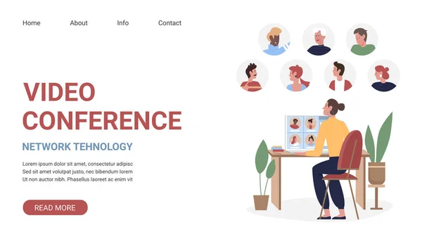 Videokonferens, företagsnätverk teknik webbplats mall med frilans ung kvinna — Stock vektor