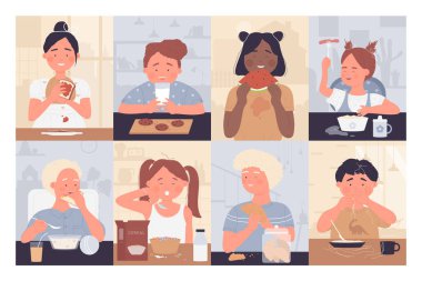 Çocuklar yemek yiyor, çocuklar mutfak masasında oturuyor, çocuklar çatalla veya kaşıkla yemek yiyor.