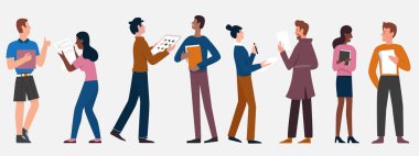 İnsanlar sıra dizilmiş, ofis çalışanları karakterler ayakta ve konuşuyorlar, tartışıyorlar.