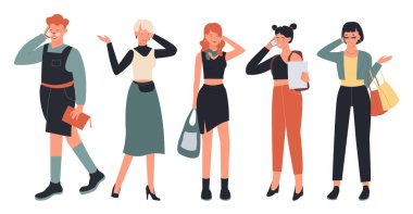 İnsanlar telefonda konuşuyorlar, şık erkek kadın karakterler modaya uygun kıyafetlerle konuşuyorlar.