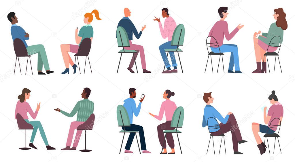 People sit on chairs set, man woman characters in casual clothes sitting on stools